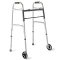 Lumex Two-Button Folding Steel Walker, 5-Inch Wheels