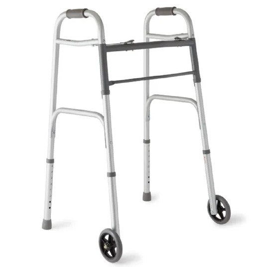 Lumex Two-Button Folding Steel Walker, 5-Inch Wheels